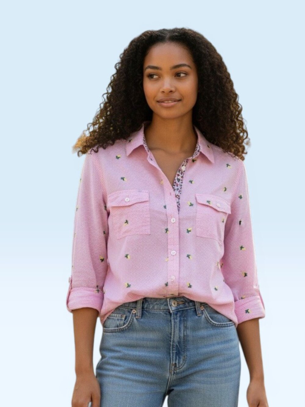 Matilda Jane Pink Country Hello Lovely Fun Lemon Gingham Plaid Embroidered Shirt